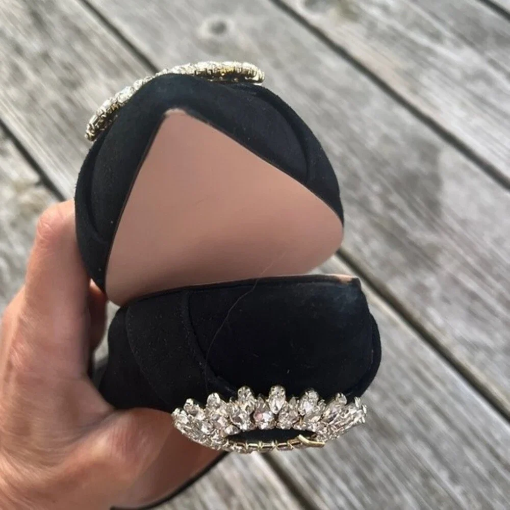 J.Crew Pointed Toe Suede Flats with Crystal Buckle Details in Black 7 NWOB